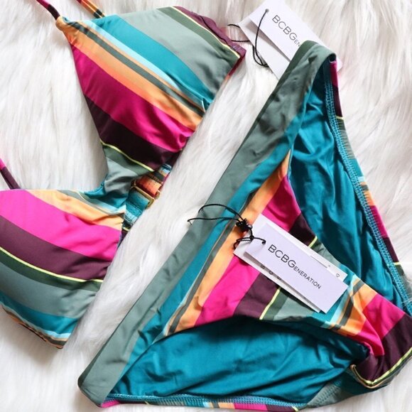 NWT BCBGeneration Colorful Rainbow Stripe Bikini Bathing Suit Set Size XS - Picture 4 of 8
